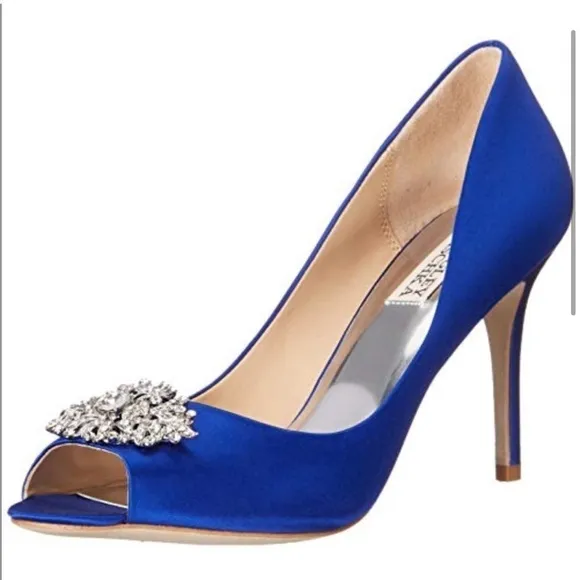Badgley Mischka GOODIE satin open toe pump evening bridal Heels Navy 9M