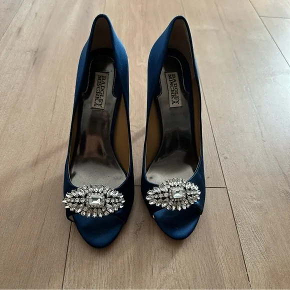 Badgley Mischka GOODIE satin open toe pump evening bridal Heels Navy 9M