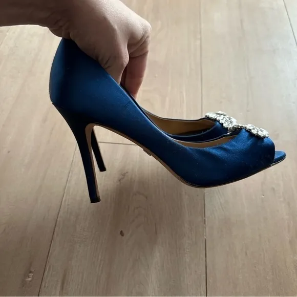 Badgley Mischka GOODIE satin open toe pump evening bridal Heels Navy 9M