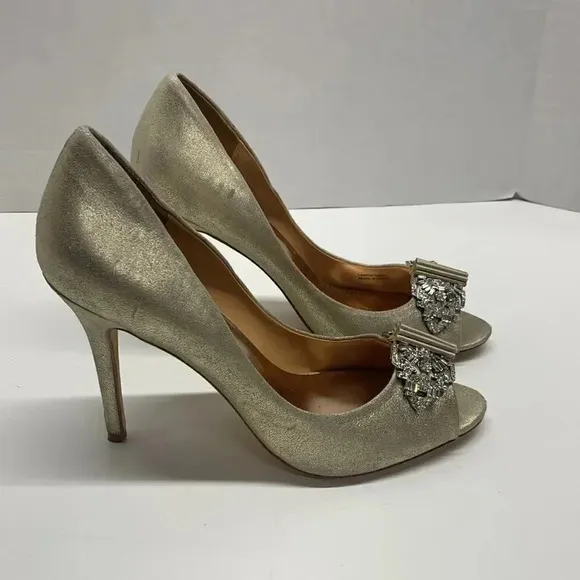 Badgley Mischka High Heel Heels Shoes Open Toe Gold Sparkle Diamond Jewel Size 8