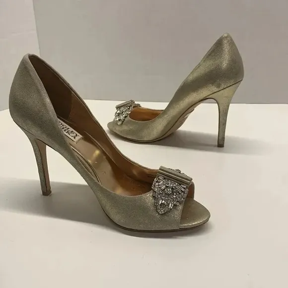 Badgley Mischka High Heel Heels Shoes Open Toe Gold Sparkle Diamond Jewel Size 8