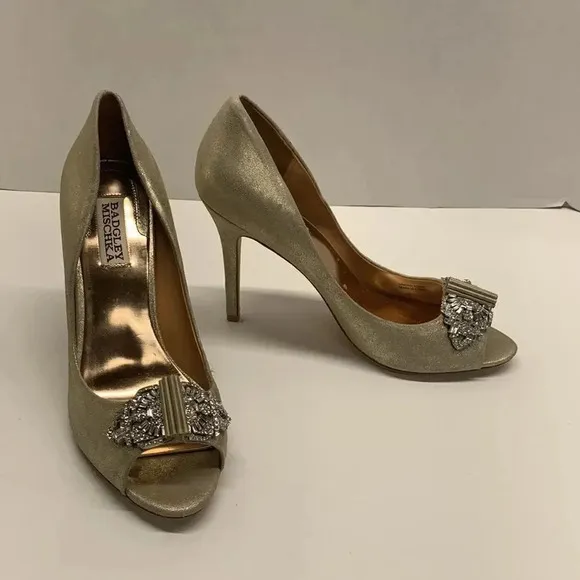 Badgley Mischka High Heel Heels Shoes Open Toe Gold Sparkle Diamond Jewel Size 8