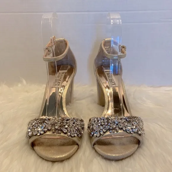 Badgley Mischka Hines Gold Ankle Strap Block Heels Size 6 1/2
