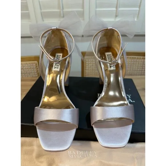 Badgley Mischka Kim Ankle Strap Sandal Heels Lavender Satin 7.5 NIB Tulle Bows