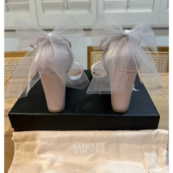 Badgley Mischka Kim Ankle Strap Sandal Heels Lavender Satin 7.5 NIB Tulle Bows