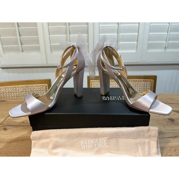 Badgley Mischka Kim Ankle Strap Sandal Heels Lavender Satin 7.5 NIB Tulle Bows