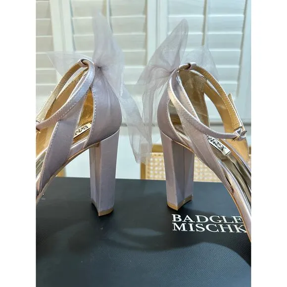 Badgley Mischka Kim Ankle Strap Sandal Heels Lavender Satin 7.5 NIB Tulle Bows