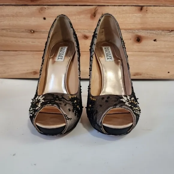 Badgley Mischka Stella beaded lace peep toe heels bridal bejeweled Wedding