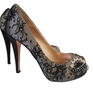 Badgley Mischka Stella beaded lace peep toe heels bridal bejeweled Wedding