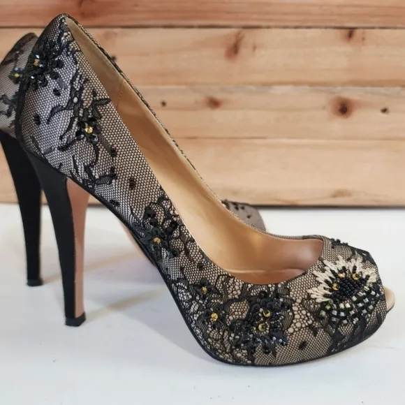 Badgley Mischka Stella beaded lace peep toe heels bridal bejeweled Wedding