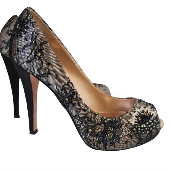 Badgley Mischka Stella beaded lace peep toe heels bridal bejeweled Wedding