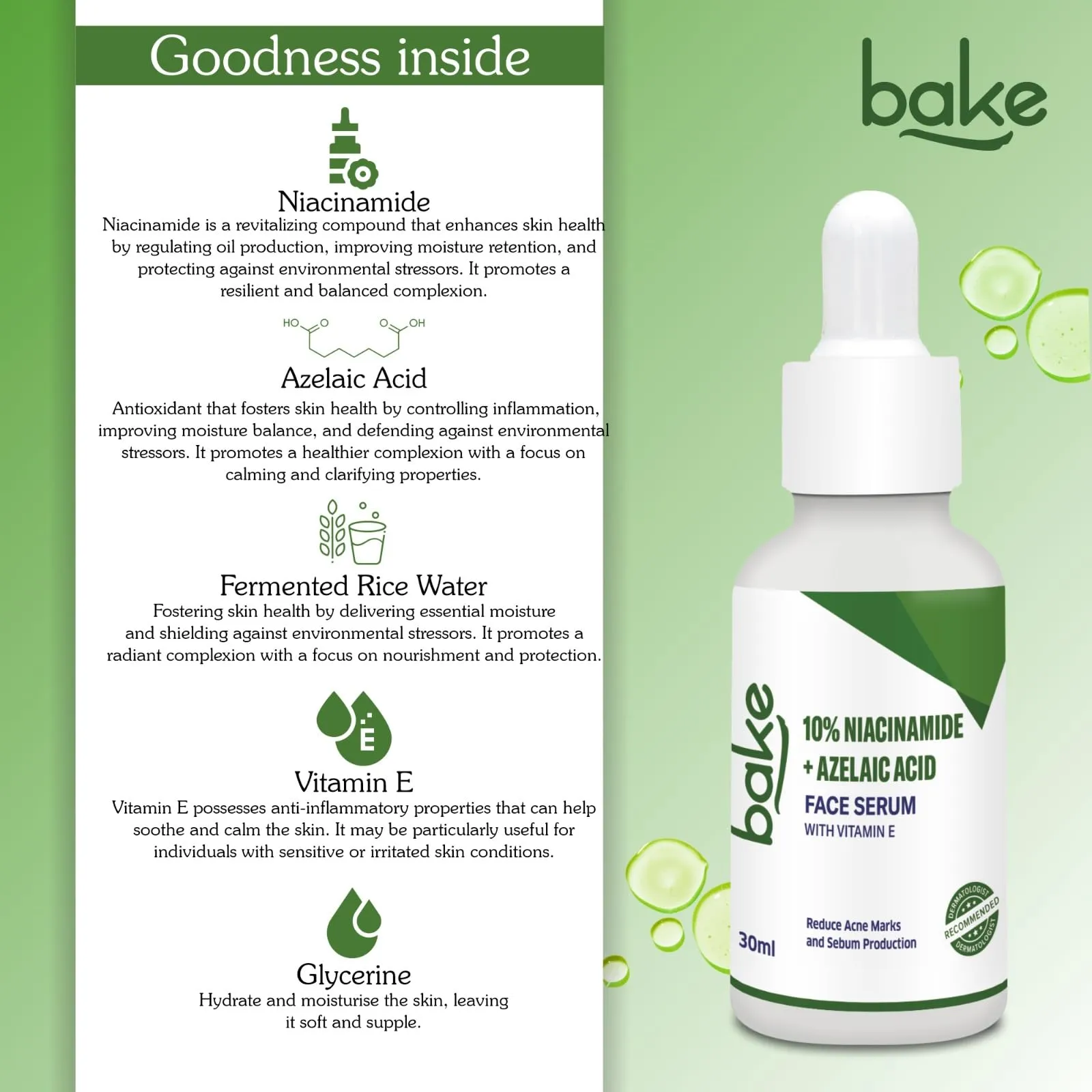 BAKE 10% Niacinamide   Azelaic Acid Face Serum for Acne Marks, Dark Spots & Open Pores | Reduces Active Acne, Blemishes | 30ml