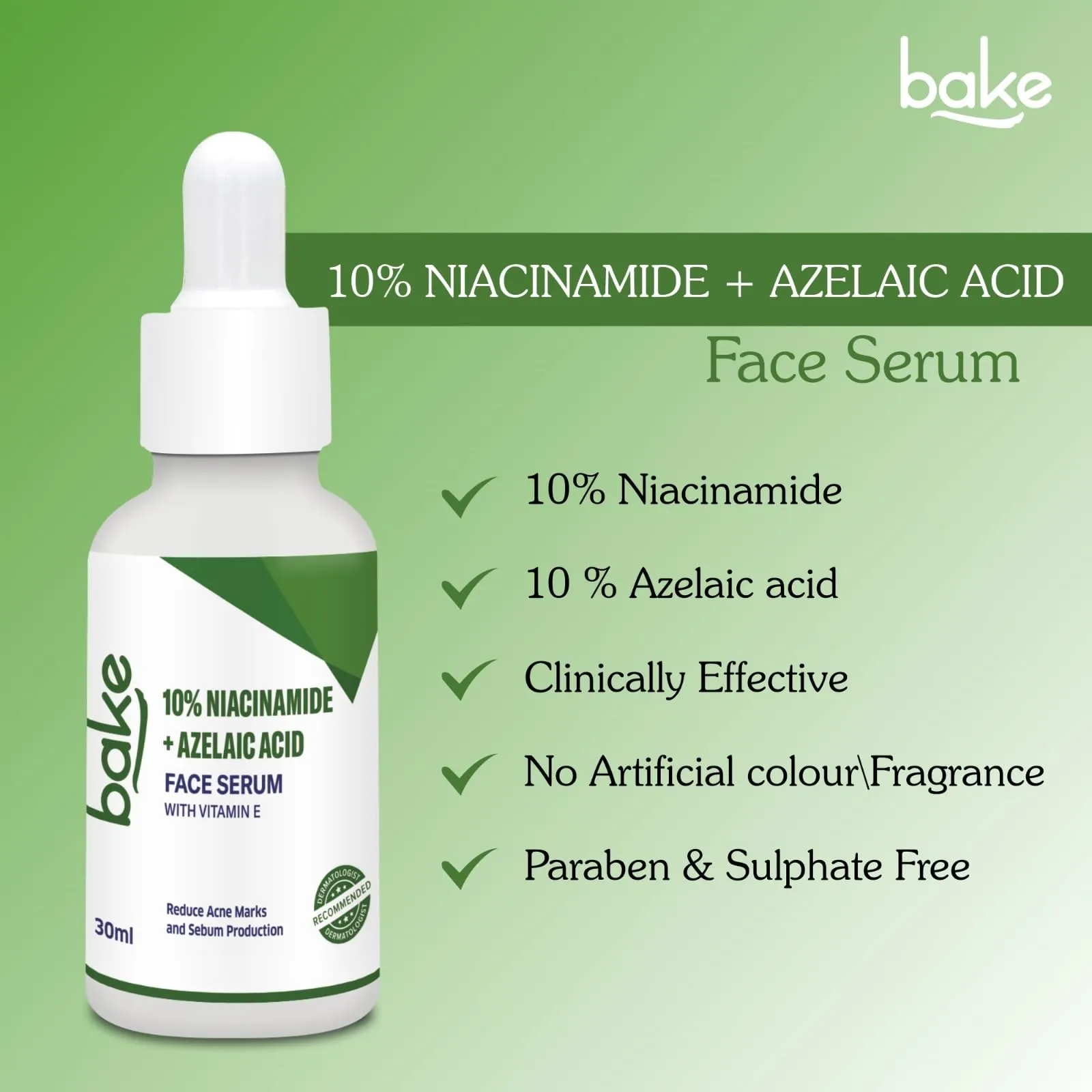 BAKE 10% Niacinamide   Azelaic Acid Face Serum for Acne Marks, Dark Spots & Open Pores | Reduces Active Acne, Blemishes | 30ml