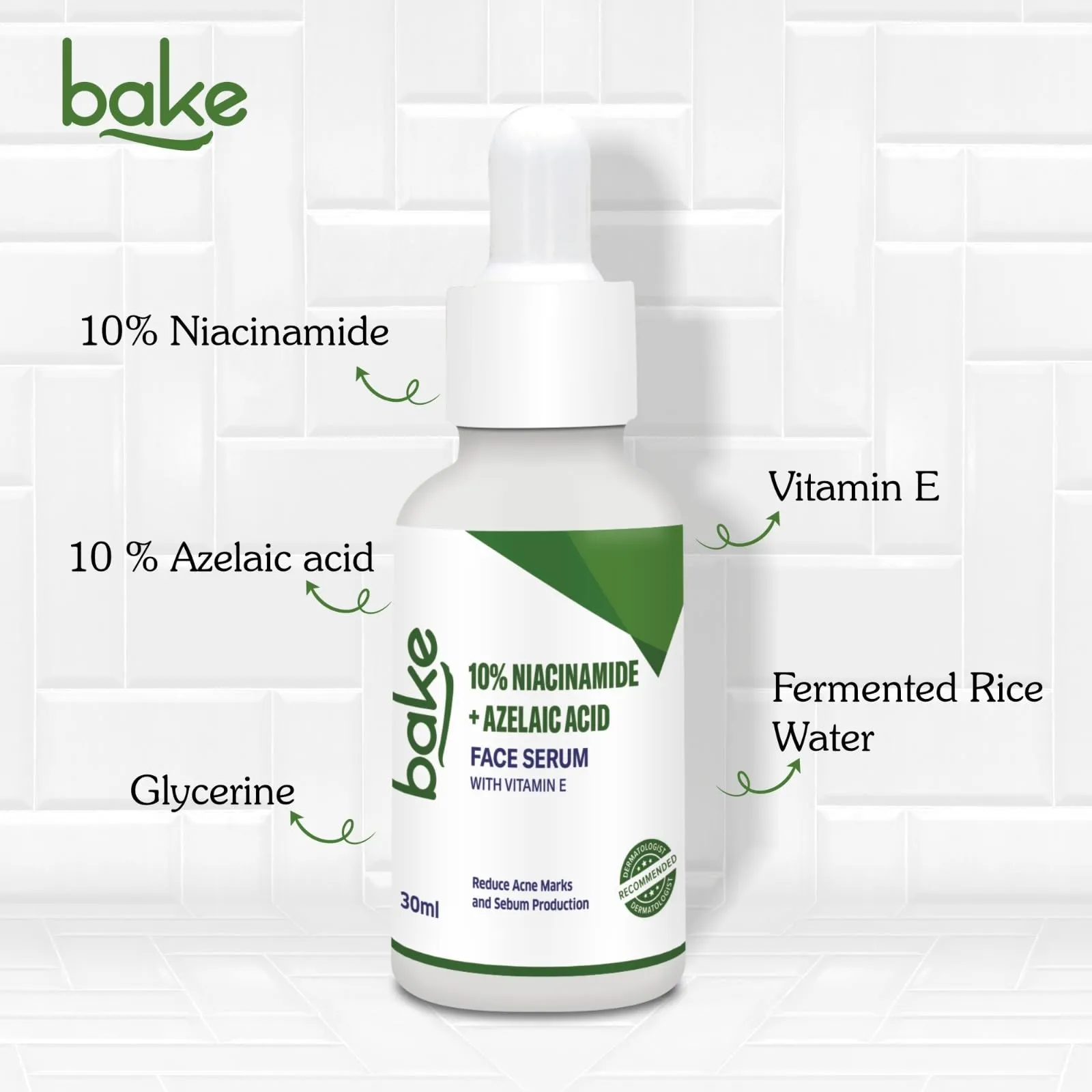 BAKE 10% Niacinamide   Azelaic Acid Face Serum for Acne Marks, Dark Spots & Open Pores | Reduces Active Acne, Blemishes | 30ml