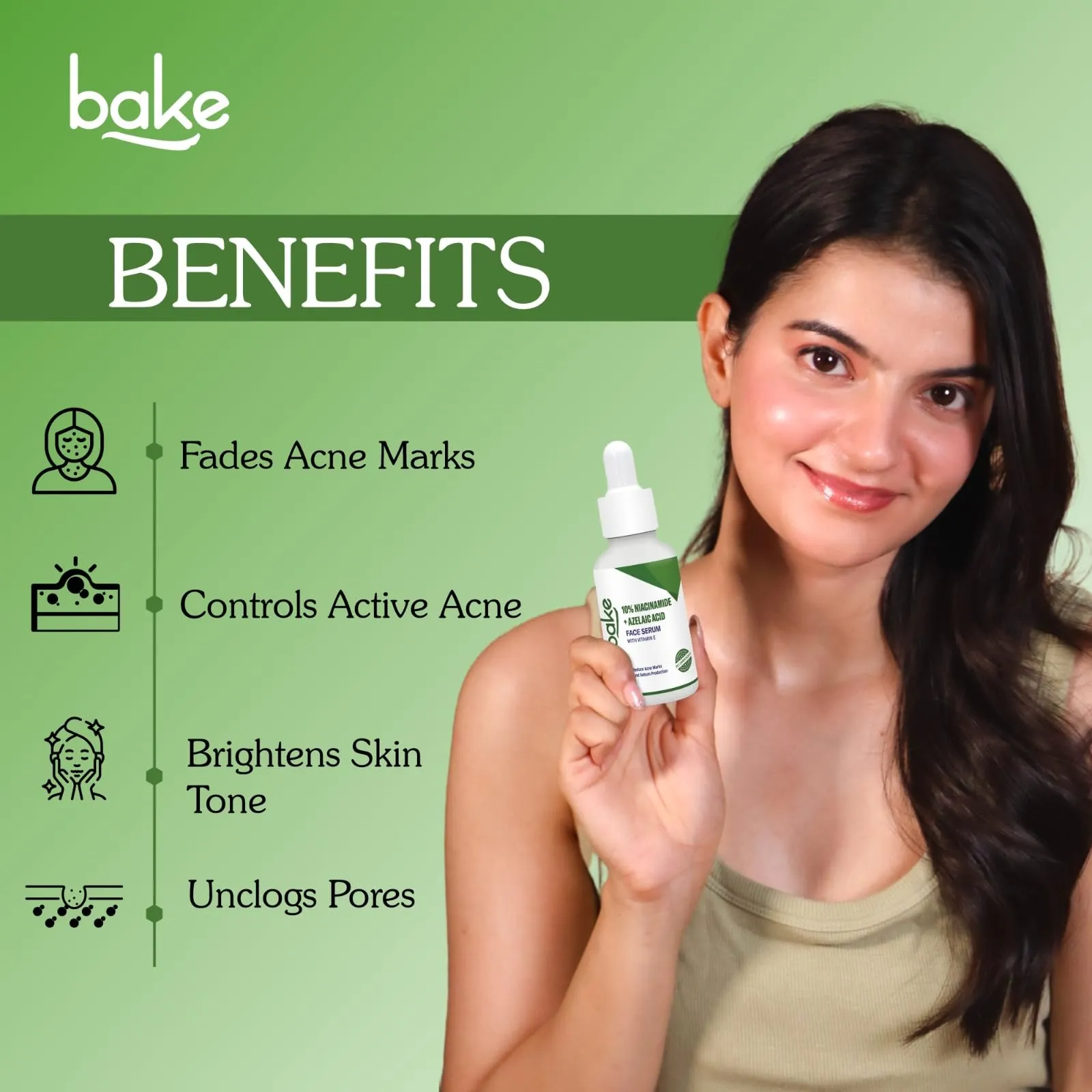 BAKE 10% Niacinamide   Azelaic Acid Face Serum for Acne Marks, Dark Spots & Open Pores | Reduces Active Acne, Blemishes | 30ml