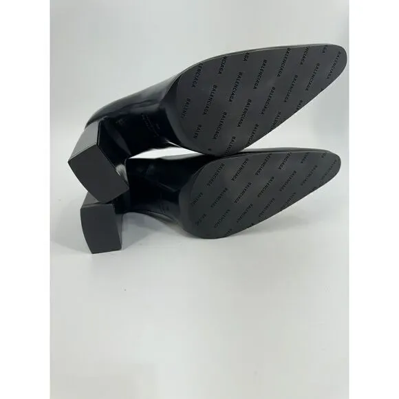 Balenciaga Wavlo Black Block Heels Patinated Leather Pumps Almond Toe Size 40