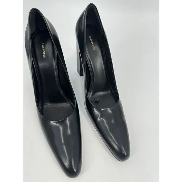 Balenciaga Wavlo Black Block Heels Patinated Leather Pumps Almond Toe Size 40