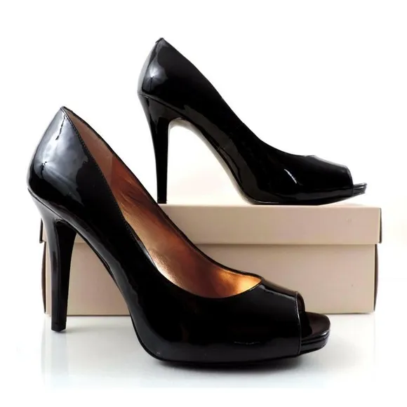 BCBG BCBGeneration DION Dress Open Toe High Heel Pumps Black Patent Size 10