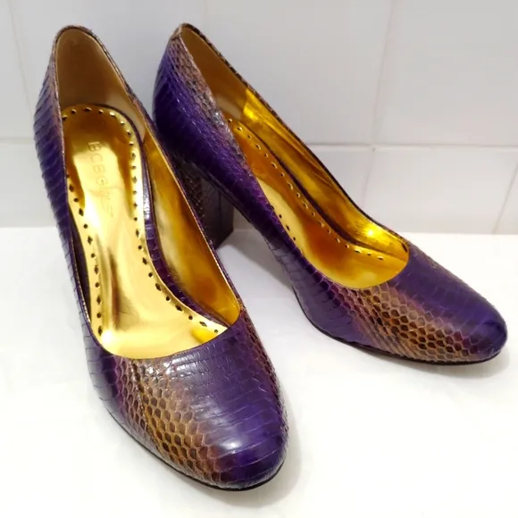 BCBG Calista Leather Snakeskin Heels Purple Gold Sz 7B 3&quot; Block Heel US 7 EU 37