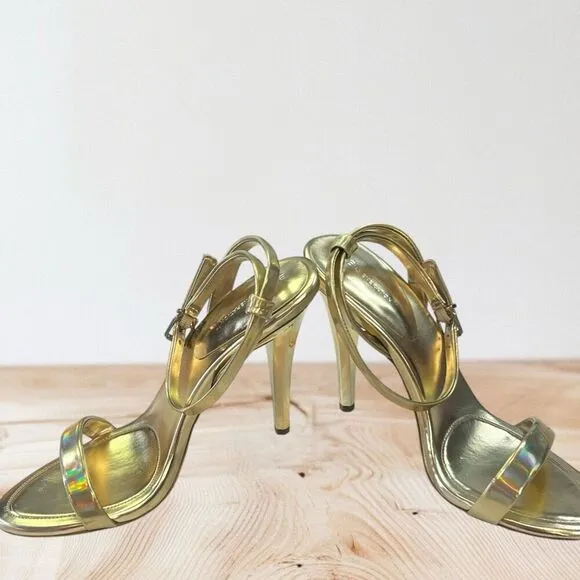 BCBG Gold Iridescent Open Toe Heels