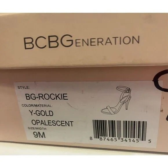 BCBG Gold Iridescent Open Toe Heels