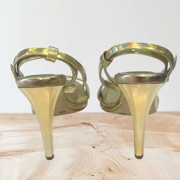 BCBG Gold Iridescent Open Toe Heels