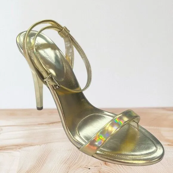 BCBG Gold Iridescent Open Toe Heels