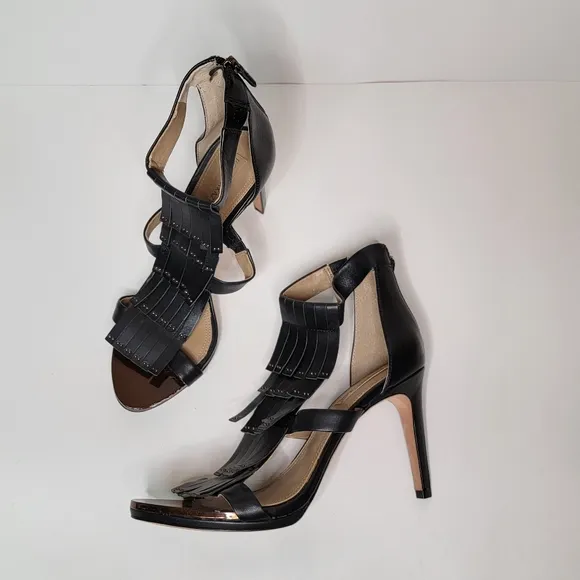 BCBG MaxAzria Leigh Anklestrap Leather fringe open toe Stiletto Heels Si…