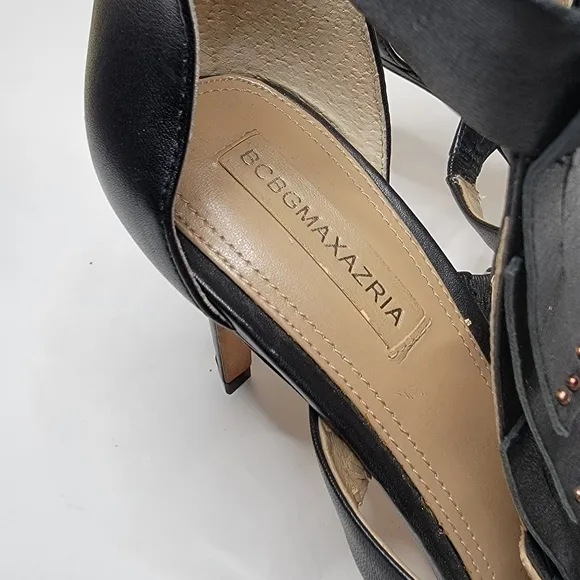 BCBG MaxAzria Leigh Anklestrap Leather fringe open toe Stiletto Heels Si…