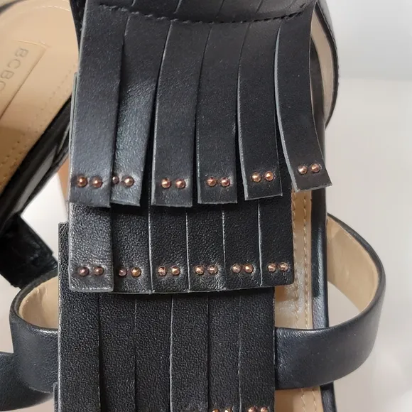 BCBG MaxAzria Leigh Anklestrap Leather fringe open toe Stiletto Heels Si…
