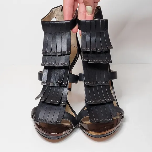 BCBG MaxAzria Leigh Anklestrap Leather fringe open toe Stiletto Heels Si…