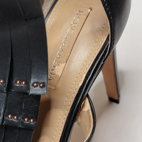 BCBG MaxAzria Leigh Anklestrap Leather fringe open toe Stiletto Heels Si…