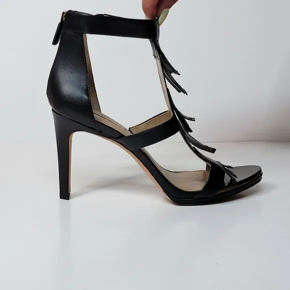 BCBG MaxAzria Leigh Anklestrap Leather fringe open toe Stiletto Heels Si…