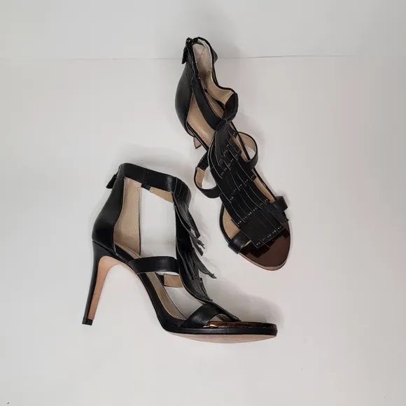 BCBG MaxAzria Leigh Anklestrap Leather fringe open toe Stiletto Heels Si…