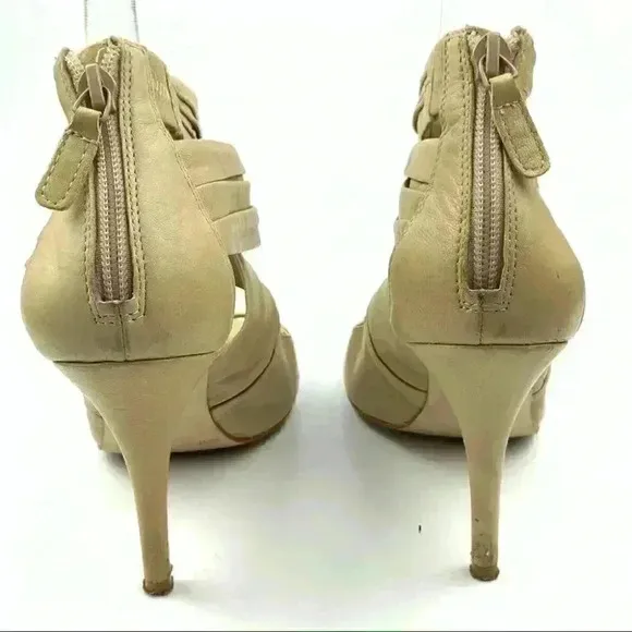 Bcbg Paris Womens caged open toe heels size 7 37 cream leather strappy party