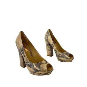BCBGMaxAzria Dahlia Snake Print Peep Toe Heels 6 Block Heel Leather