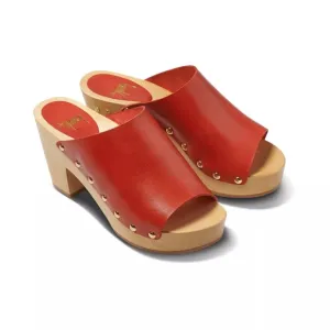 Beek Peacock Red Leather Open Toe Clogs with Studs 9 New Without Box