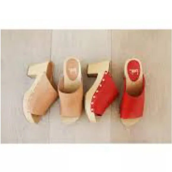 Beek Peacock Red Leather Open Toe Clogs with Studs 9 New Without Box