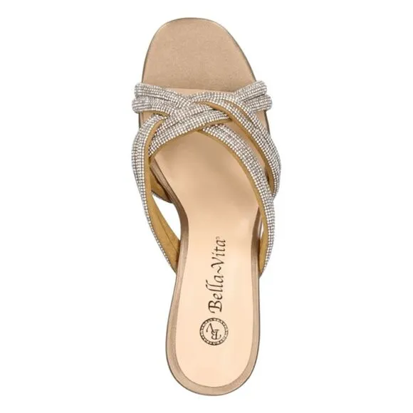 Bella Vita Carmen Heeled Slip-On Sandals Metallic Bronze Suede Block Heel 9 Wide
