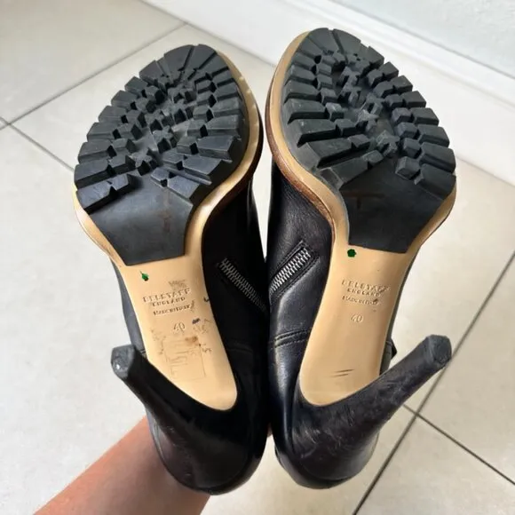 Belstaff England Women's Black Leather Peep Toe Shaftesbury Heels Size 40