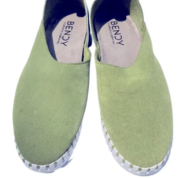 Bendy Crafted in California Green Suede Silver Comfy Casual Slip On Shoes Sz 38