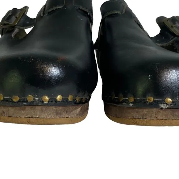 Berkemann Original Toeffler With Straps Rustic Wooden Clogs Calfskin Black Sz 9