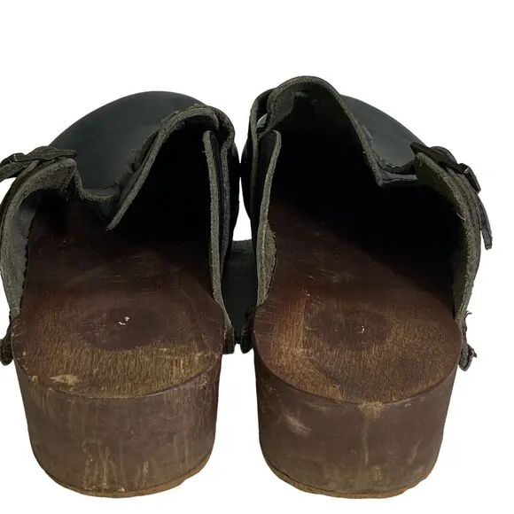 Berkemann Original Toeffler With Straps Rustic Wooden Clogs Calfskin Black Sz 9