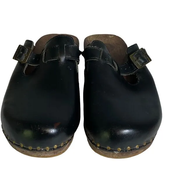 Berkemann Original Toeffler With Straps Rustic Wooden Clogs Calfskin Black Sz 9