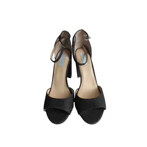 *Betsey Johnson Black Heels CARLY Glitter Mesh 4-1/4&quot; Chunky Heels Open Toe