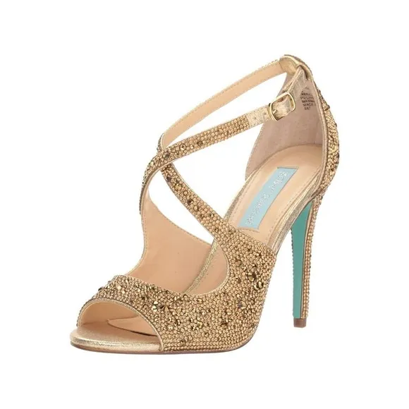 Betsey Johnson Gold Embellished “Sage” Open Toe Straply Heels