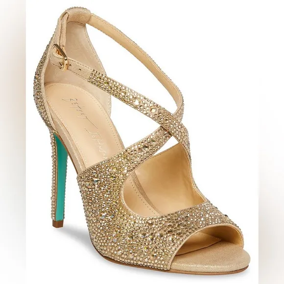 Betsey Johnson Gold Embellished “Sage” Open Toe Straply Heels