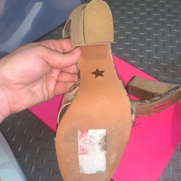 Betsey Johnson leather straps heels snakeskin &amp; gold open toe boho spring tan