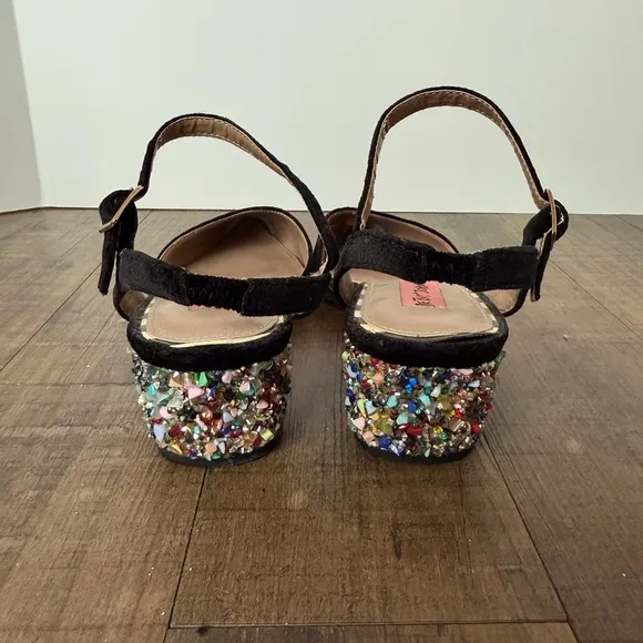 BETSEY JOHNSON LENA ANKLE STRAP BLACK VELVET RAINBOW BLOCK HEELS 8.5