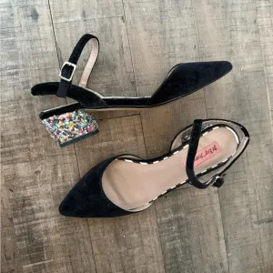 BETSEY JOHNSON LENA ANKLE STRAP BLACK VELVET RAINBOW BLOCK HEELS 8.5